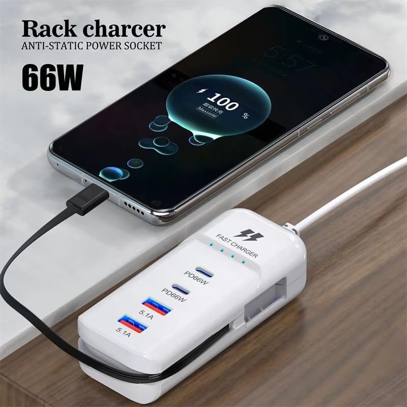 Image of 66W Rack Charger with 4 Ports /66W Fast Charger 2 Type-C & 2 USB with Type-C Cable /Fast Ra.ck Charger with (66W Rack)