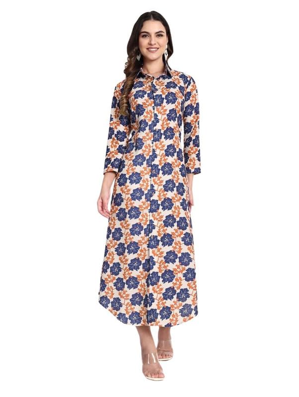 tilism Women Beige Floral Printed Shirt Collar Neck A-Line Maxi Dress-picture-12