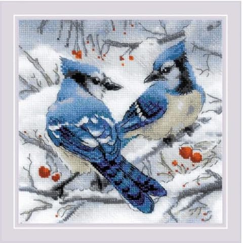 RIOLIS - Blue Jays 1925, Cross Stitch Kits 7¾"x7¾, Cross Stitch Kits for Beginners & Advanced, Crossstitching Kits Adult, Counted Stitching Kits, Embroidery Kit Cover