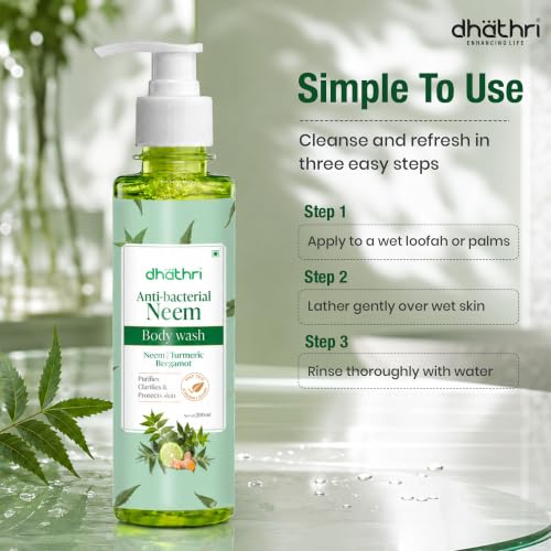 Image of Dhathri Ayurveda Anti-Bacterial Neem Body Wash with Turmeric & Bergamot | Purifying Body Wash Helps Cleanse & Refresh Skin | Soap, Paraben & Silicone Free | For Men & Women | 200ml