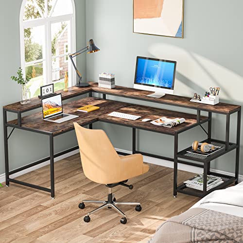 Tribesigns 69 Inch L Shaped Desk With Monitor Stand, Large Reversible Corner Desk With Storage Shelf, Industrial Computer Table Writing Desk For Home Office, Rustic Brown #TOP2