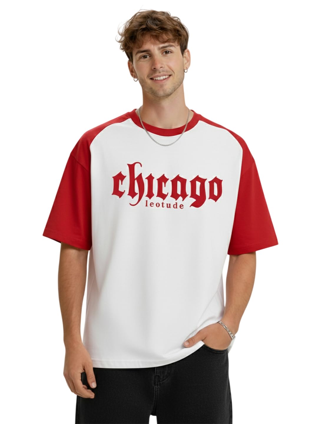 leotude Oversized Men Printed T-Shirt | Drop Shoulder Raglan Sleeve | Round Neck | White-picture-25