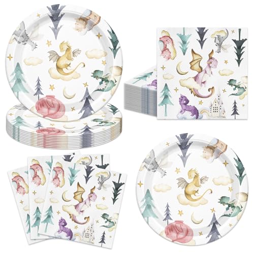 40pcs Dragons Party Supplies Watercolor Dragons Theme Party Decorations Dino Plates and Napkins for Baby Shower Supplies,Suitable for 20 Guests