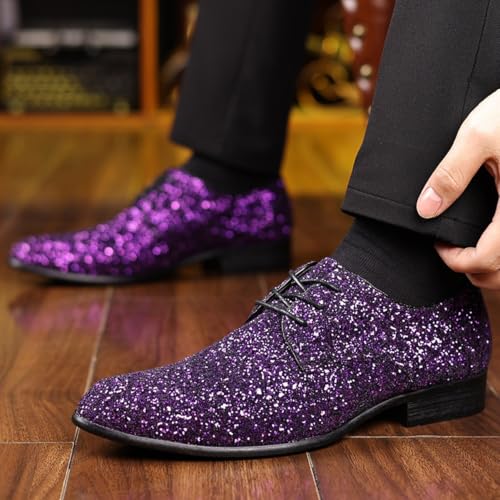 Men's Glitter Sequin Pointed Toe Derby Shoes Fashion Lace Up Block Chunky Heel Tuxedo Dress Oxfords for Party Prom Wedding2