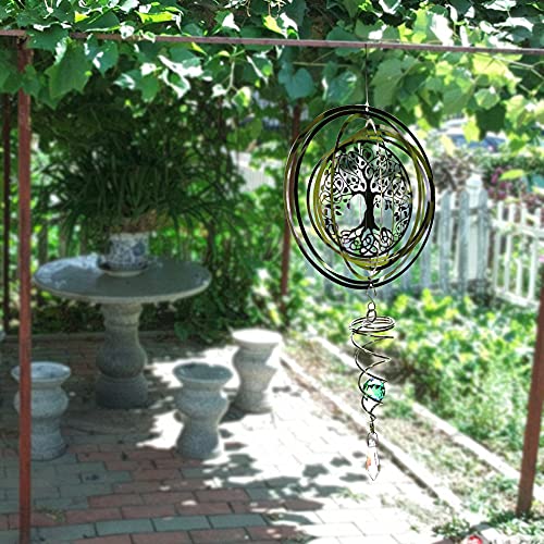 3D Garten Windspiel Edelstahl - Hängende Fenster Ornamente Mit Rotierender Gazing Ball Und Spiralschwanz (Baum des Lebens)