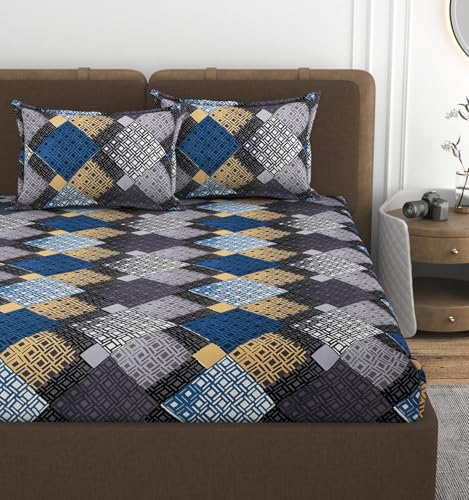 Image of VOMZER 320 TC Cotton Feel All Around Elastic Printed Fitted Queen Size Bedsheets, Supersoft Elastic Fitted Double Bedsheet with 2 Pillow Covers, Size 60x78x8 Inches, GREY Geometric