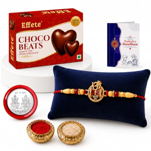 Image of Oblivion Rakhi with Chocolate for Brother - Golden Color OM Damru Design Rakhi with Choco Beats Chocolate (32g) with Silver Color Pooja Coin, Greeting Card & Tilak Set - Tradtional Raksha Bandhan Combo