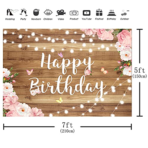 Aperturee 7X5Ft Pink Floral Happy Birthday Backdrop Wooden Floor Butterfly Watercolor Flowers Girls Women Photography Background Banner Cake Table Supplies Party Decoration Photo Booth Props Banner #TOP2