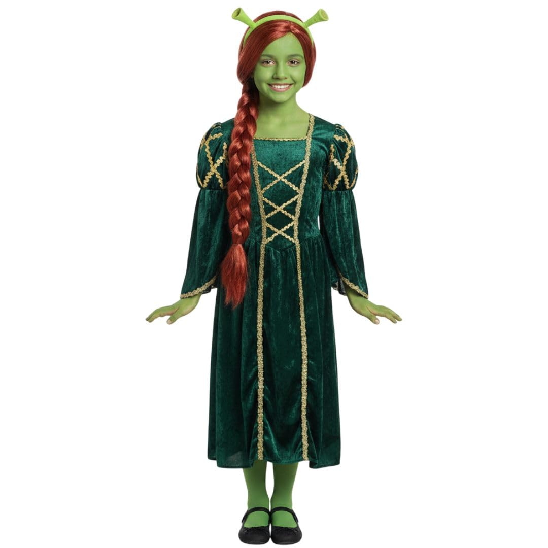 Kids Princess Ogre Costume โ Child's Green Dress Outfit with Ogre Ears, Ginger Wig & Green Face Paint โ Fairy Tale Fancy Dress for Girls & Halloween Fun - Small