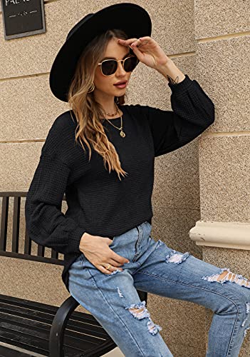 Image of Farktop Womens Oversized Waffle Casual Sweatshirts Long Puff Sleeve Drop Shoulder Lightweight Sweaters Black