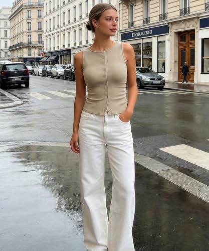 Image of Belle Poque Womens Button Down Tank Tops Ribbed Summer Vest Slim Fit Crop Going Out Tops Open Front Sleeveless Y2K Clothes