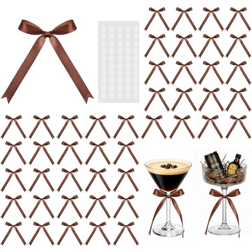Riceshoot 50 Pcs Brown Mini Bows for Wine Glasses 2.55x3.54 Satin Ribbon Bow with Adhesive Dots for Champagne Glass Candle Holder Wine Glass Bow for a Tini Bit Older Espresso Martini Party Decor