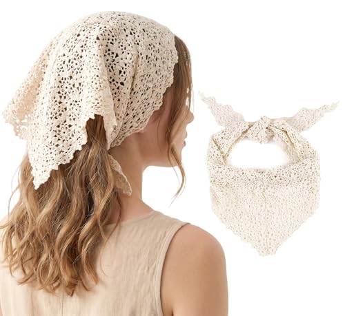 GERINLY Lace Scarf Neckerchief for Women Lacy Crochet Triangle Hair Bandana Head Scarf Boho Accessory (White)