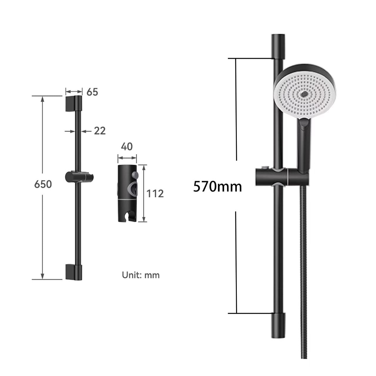 DETBOM Douchestang met douche, 70 cm, zwart, 304 roestvrij staal, doucheset met 3 straals, handdouche en douchekophouder en slang, douchestangset, douchekop met slang en houder