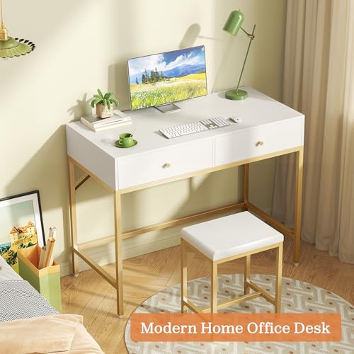 Image of SUPERJARE 31.5 inch White and Gold Desk with 2 Drawers, Modern Makeup Vanity