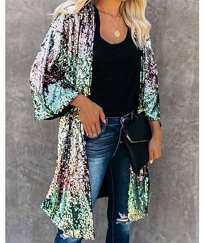 SEMATOMALA Women's Sequin Open Front Long Blazer 3/4 Sleeve Sparkly Duster Cardigans Glitter Shiny Party Festival Outfits4