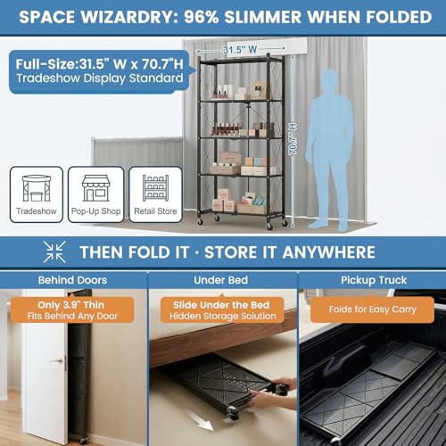Image of ALANNG 70.7 inch H Metal Storage Shelves, 5 Tier Folding Shelf on Wheels | Heavy Duty, No Assembly, Rolling, Collapsible Rack Unit for Kitchen, Basement, Pantry (Black,1 Pack)