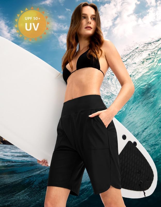 Viodia Women's 9" Long Swim Board Shorts with Pockets High Waisted Beach Swimsuits Knee Length Short for Women with Liner - Image 2