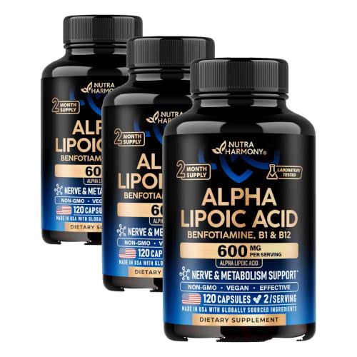 NUTRAHARMONY Alpha Lipoic Acid 600mg - ALA Supplement + Benfotiamine B1 & B12-120 Caps (Pack of 3) 120 Count (Pack of 3)