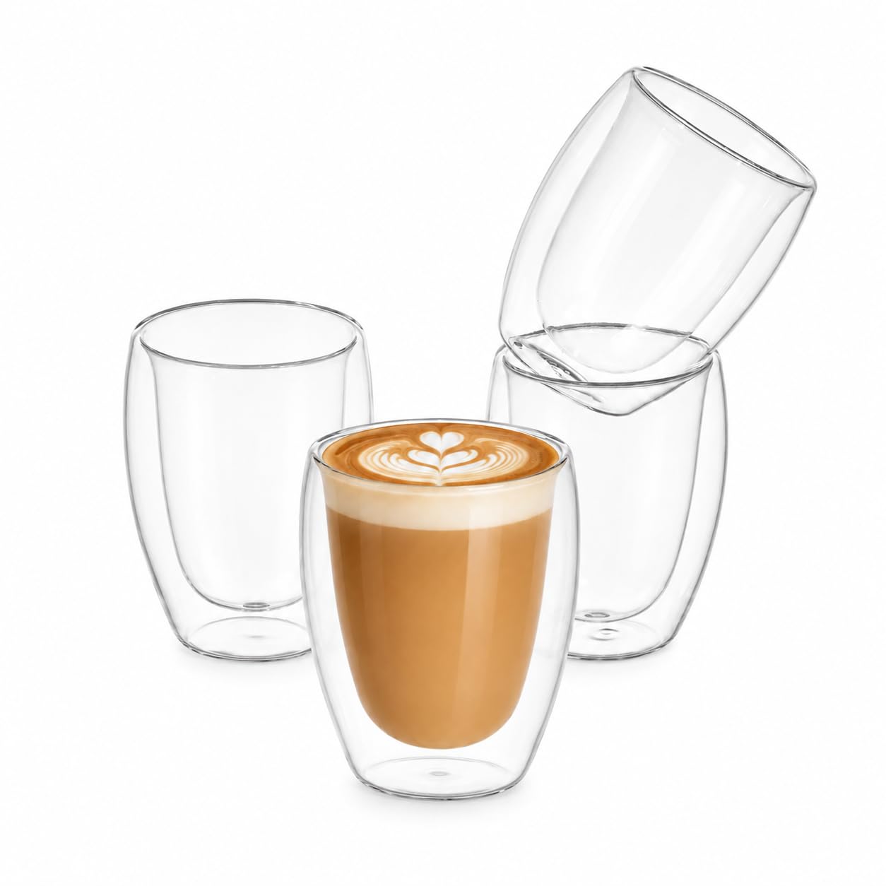 Eden & Willow Double Walled Glass Coffee Cups 4Pcs, 250ml Borosilicate Tea & Coffee Mugs, Thermal Glassware for Latte, Cappuccino,Tea, Iced Coffee and Mocha, Double Walled Highball Set