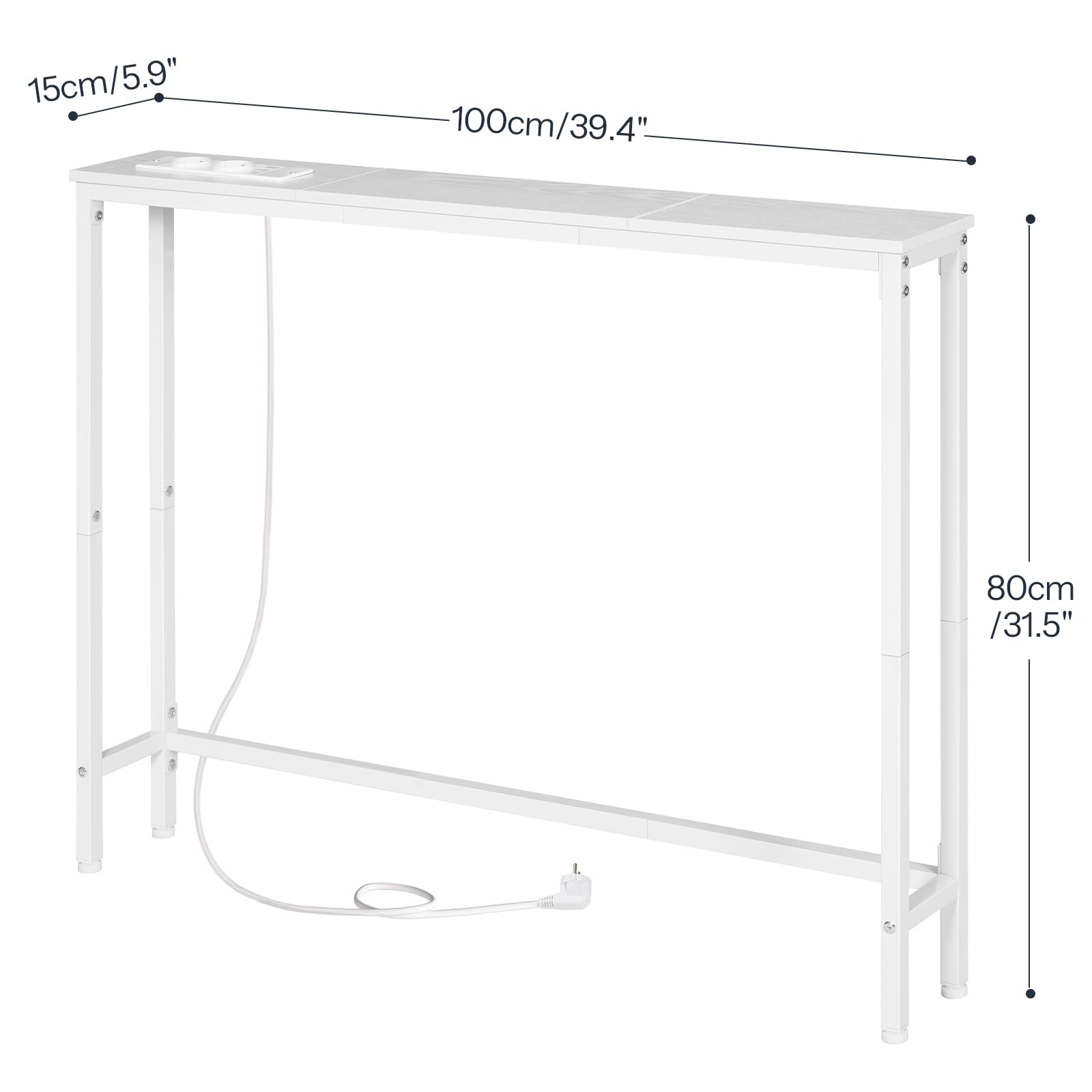 HOOBRO Mesa de Consola Estrecha de 100 cm, Mesa de Entrada con Enchufe Múltiple, para Colocar detrás del Sofá, para Sala de Estar, Pasillo, Marco de Metal, Blanco EWW52CXG01G1