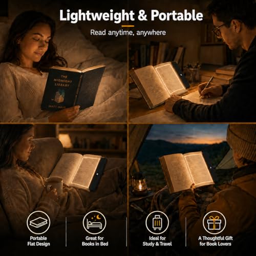 Image of 2 in 1 Smart LED Book Light & Night Light, with 3 Colors, Stepless Dimming | Rechargeable Clear Full Page Reading Light with Timer, Eye-Friendly Gifts for Readers, Students, Seniors & Book Lovers, Black