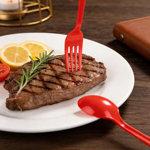 Image of MOACOCK 200 Count Red Plastic Silverware, Heavy Weight Plastic Forks Spoons Disposable Utensils Cutlery Set for Wedding Party Supplies Everyday Use