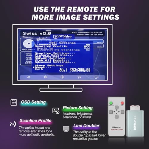 Image of BITFUNX NGC HDMI Adapter - Supports 2X Line Doubler, Firmware Upgrade, Scanline Profile, IR Remote and GC2SD Gen2 SD Card Adapter Include, Plug & Play Video Game Adapter with No Lag