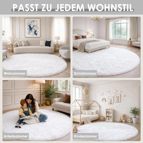 ROHATIM Teppich Rund 100 cm Weiß Waschbar Rutschfester Runder Hochflorteppich Wohnzimmer Kinderzimmer Schlafzimmer Flauschig
