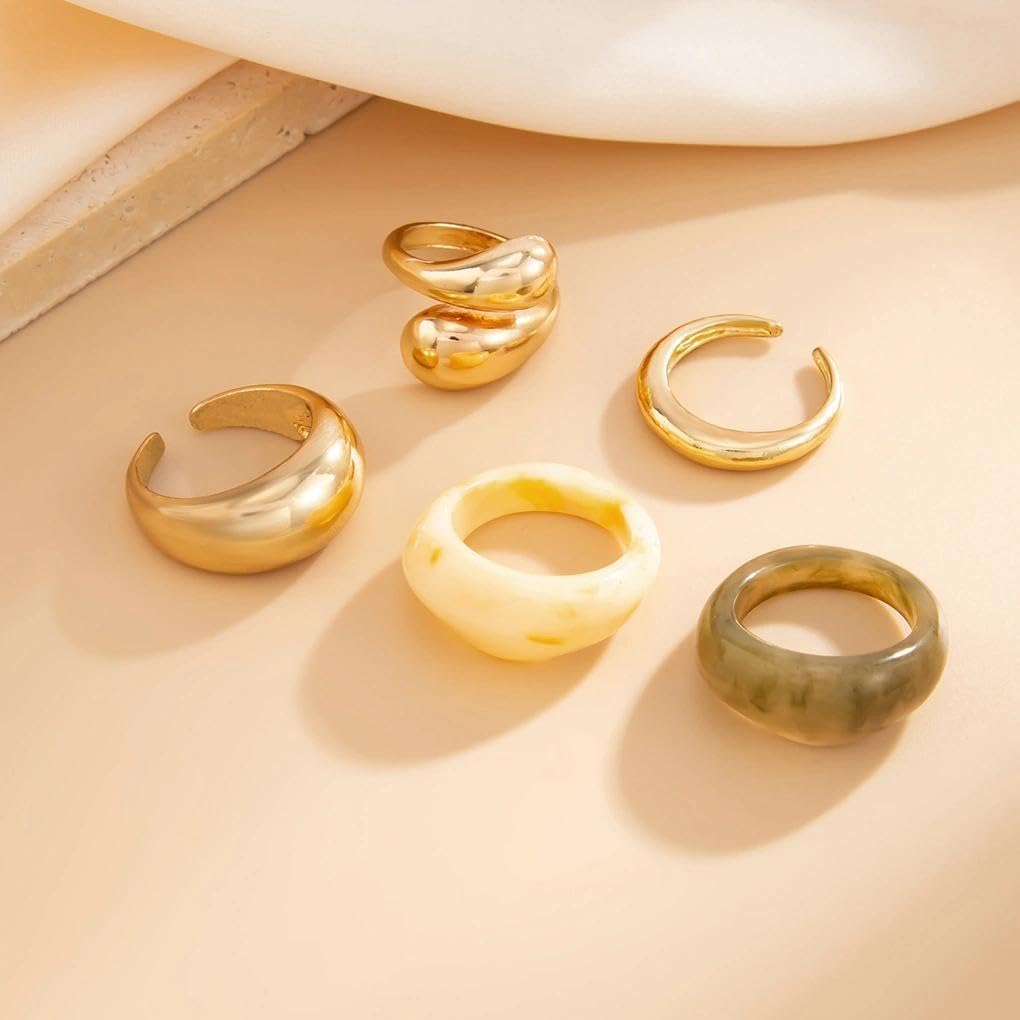 5Pcs Chunky Gold Knuckle Ring Set for Women,Vintage Stackable Aesthetic Geometric Dome Midi Finger Ring,Statement Anniversary Jewelry Accessories Gift - Image 5