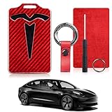 T-carbon Key Card Holder Fits for Tesla Model 3, Key Card Holder Fits for Model Y Key Card, Real Glass Fiber Card Key Protection Case with Leather Key Chain(Red)