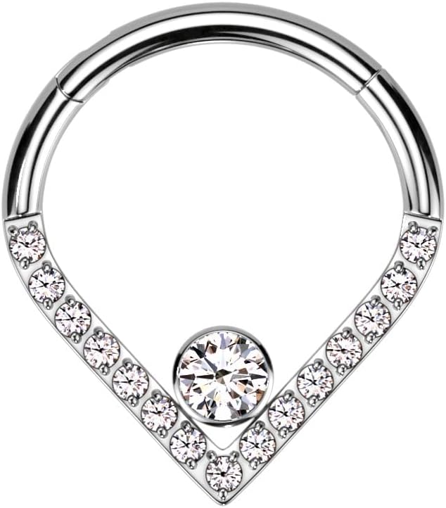 Pierced Owl 16GA F136 Implant Grade Titanium CZ Crystal Center and CZ Crystal Lined Chevron Shaped Hinged Segment Ring