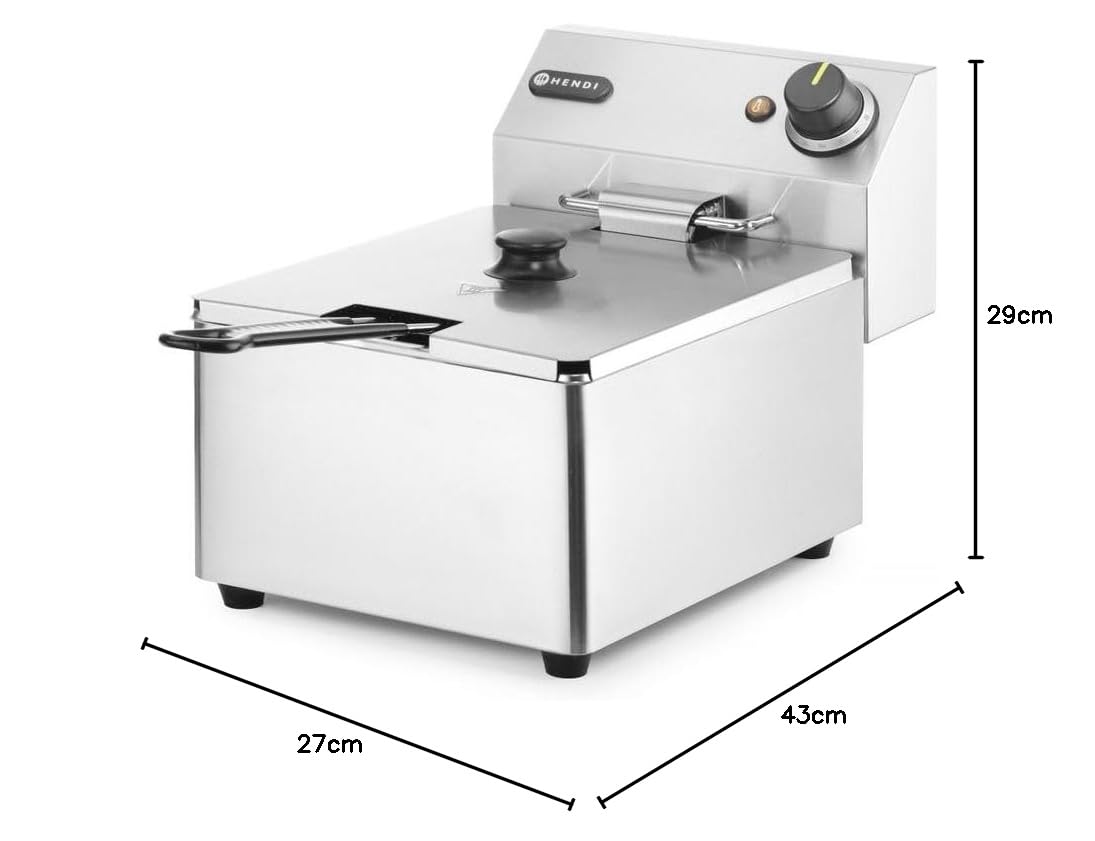 HENDI Fritteuse, 6L, mit Frittierkorb und Deckel, abnehmbarer Ölbehälter, Temperaturbereich: 50° bis 190°C, Überhitzungsschutz, Kaltzone, Frittierbehälter, 230V/3300W, 265x417x(H)290mm, Edelstahl