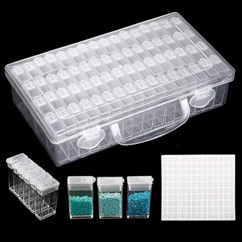 SGHUO 64 Grid Diamond Painting Storage Containers Diamond Art Accessories Tool Box Craft Storage with Adjustable Dividers for Beads, Art DIY, Crafts, Jewelry, Plastic Organizer with Label Stickers Cover
