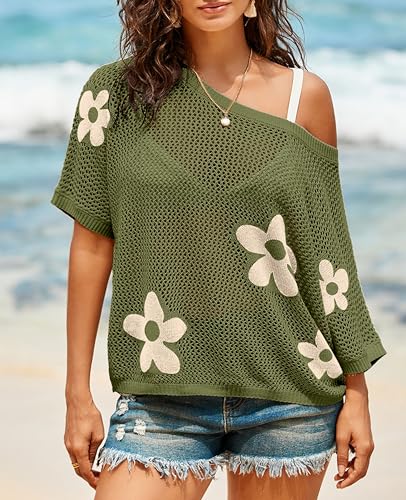 Image of SELINK Flower Crochet Tops for Women Short Sleeve Hollow Out Sweaters Swimsuit Cover Ups Lightweight Knit Pullover