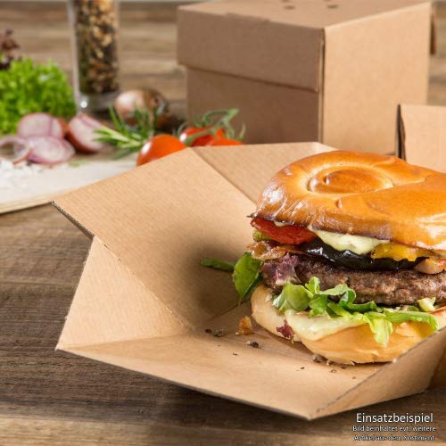 BIOZOYG 100 Contenitori Hamburger Box con Coperchio Pieghevole I Scatole per Hamburger Compostabili di Cartone Kraft con Fori I Robuste Scatole per Cibo da Asporto marroni 13x13x10cm, quadrate