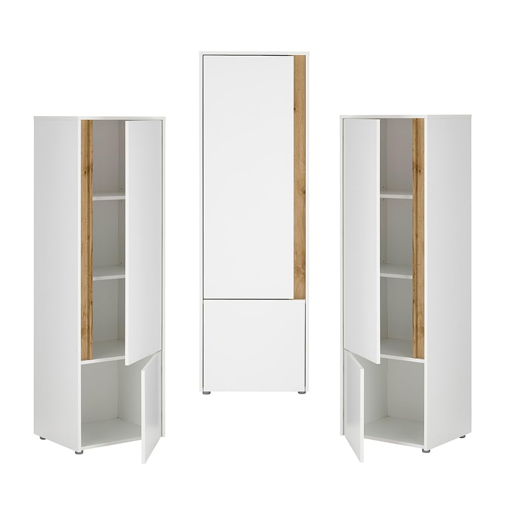 Lomadox Büromöbel Set weiß mit Eiche 4-teilig modern, 1 Schreibtisch, 1 Wandboard, 1 Regal, 1 Stauraumschrank
