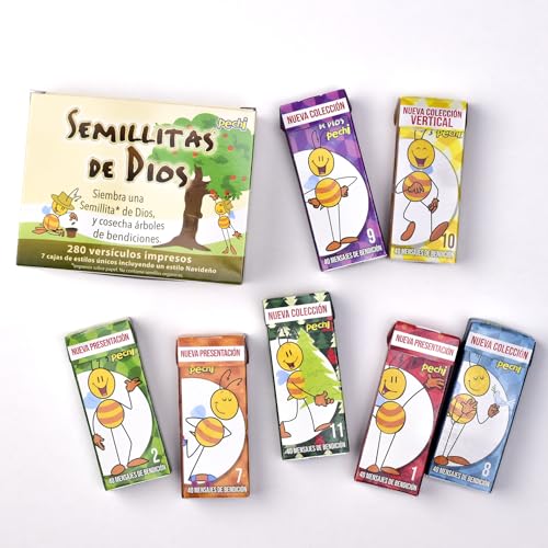 Image of Pechi Paquete de 7 cajitas de Semillitas de Dios - (Mini Bible verses in Spanish) Mini versiculos biblicos todos con distintos disenos llamativos alusivos a un versiculo que traera paz y fortaleza.