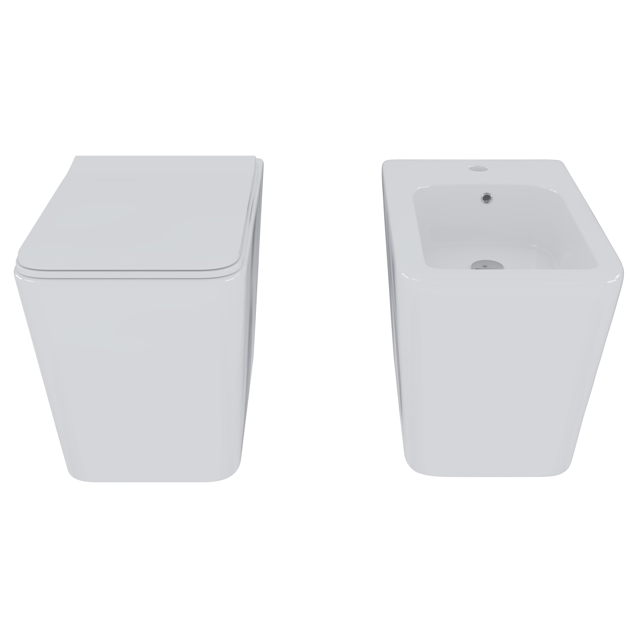 Set Sanitari Filomuro WC e Bidet Quadrati in Ceramica con Copriwater Soft Close e Sgancio Rapido Bianco Lucido Design Moderno (Quadrato)