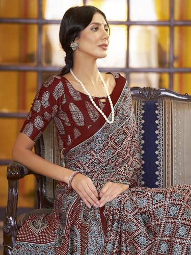 Image of SAREE MALL Women's Ajrkh Print Satin Crepe Polka Dot Printed Saree With Unstitched Blouse Piece
