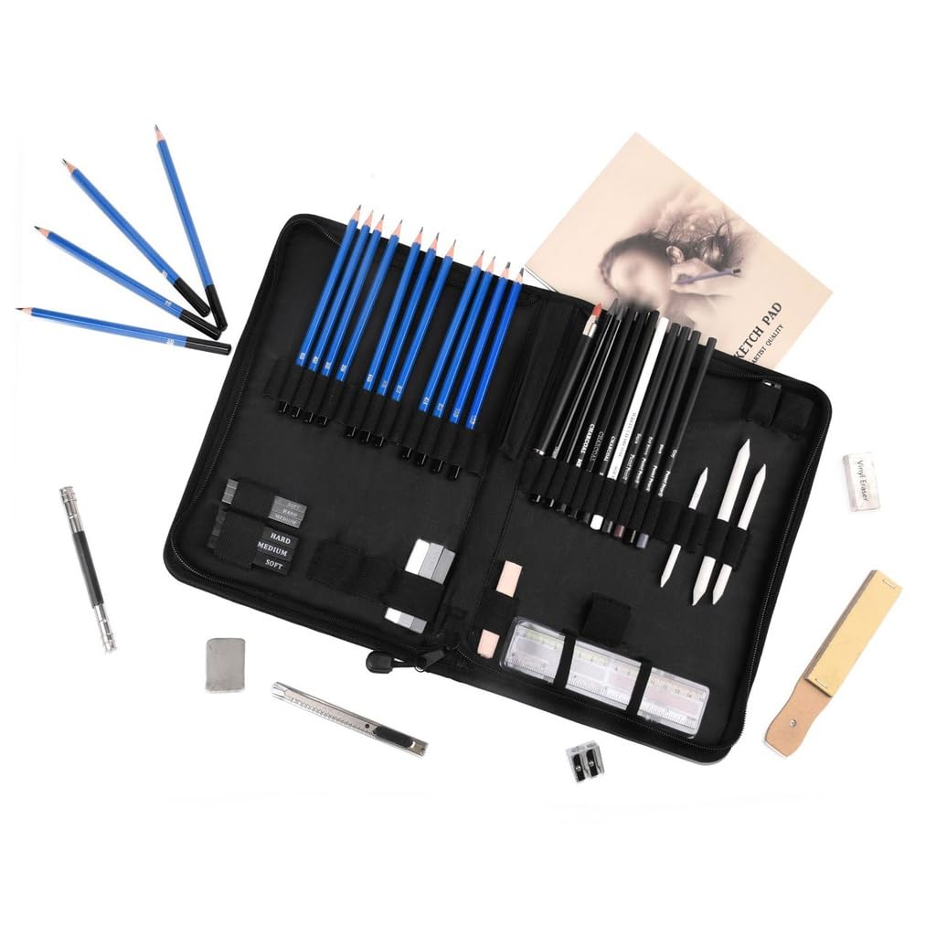 Ensemble de 60 pinceaux Professionnels pour Dessin au Fusain, Crayon à Dessin, Gomme, Crayon à Dessin