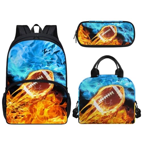Lightweight School Backpack 3 Pieces Fire Flame Rugby Print Backpack with Waterproof Lunch Box Pencil Pouch Daypack School Bag Bookbag Backpack Set for Boy Girls 3 in 1