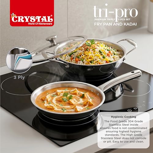 Image of Crystal TriPro Triply Stainless Steel 3 Pcs Cookware Set | Kadai 22cm with Glass Lid and Frypan 18cm | Less Oil Use, Healthy Cooking - Induction Bottom