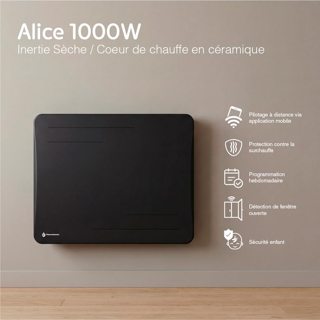 Radiateur électrique connecté 1000W à inertie sèche céramique horizontal Noir Alice
