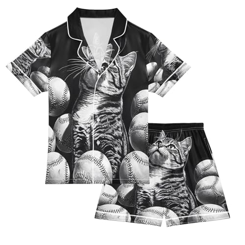 ALAZA Baseball Cat Kitten Funny Satin Pajamas Set Short Sleeve Button Down Sleepwear Summer Pjs 2 Piece