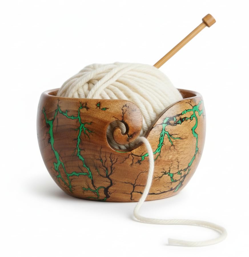 Image of Lichtenberg Figure Yarn Bowl - Handmade Wooden Yarn Bowl for Knitting Yarn Ball Holder - Yarn Bowls with Holes Crochet Bowl Holder - Yarn Storage Bowl 7 inch x 4 inch inches (Green)