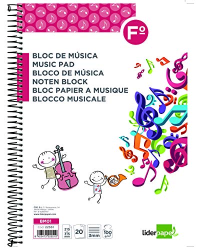 Liderpapel BM01 Bloc Musica Pentagrama 3Mm Folio 20 Hojas 100G/M2