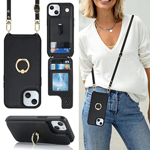 Havaya Coque iPhone 14 avec Cordon RFID Porte Carte Portefeuille Étui iPhone 13 avec Cordon Anneau Telephone Portable Réglable Collier Housse Etui pour Femmes - Noir