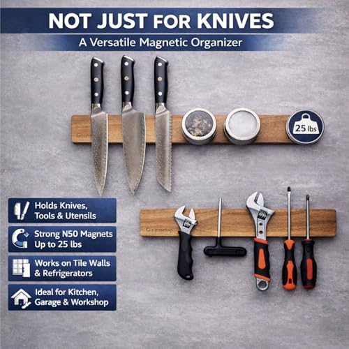 Gourmetop Magnetic Knife Holder for Wall 12”, Acacia Wood, No Drill, Fridge - image 7