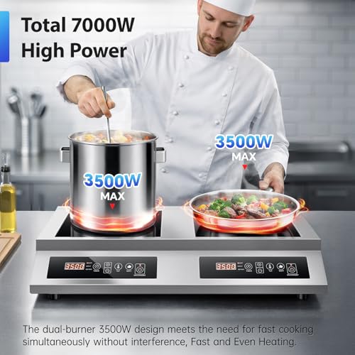 Image of Commercial Double Induction Cooktop 7000W, Dual Burner Countertop Stove with 10 Temperature & Power Levels, 4-Hour Timer,100% Copper Coil, Fit All Cookware for Home Kitchen Restaurant Catering